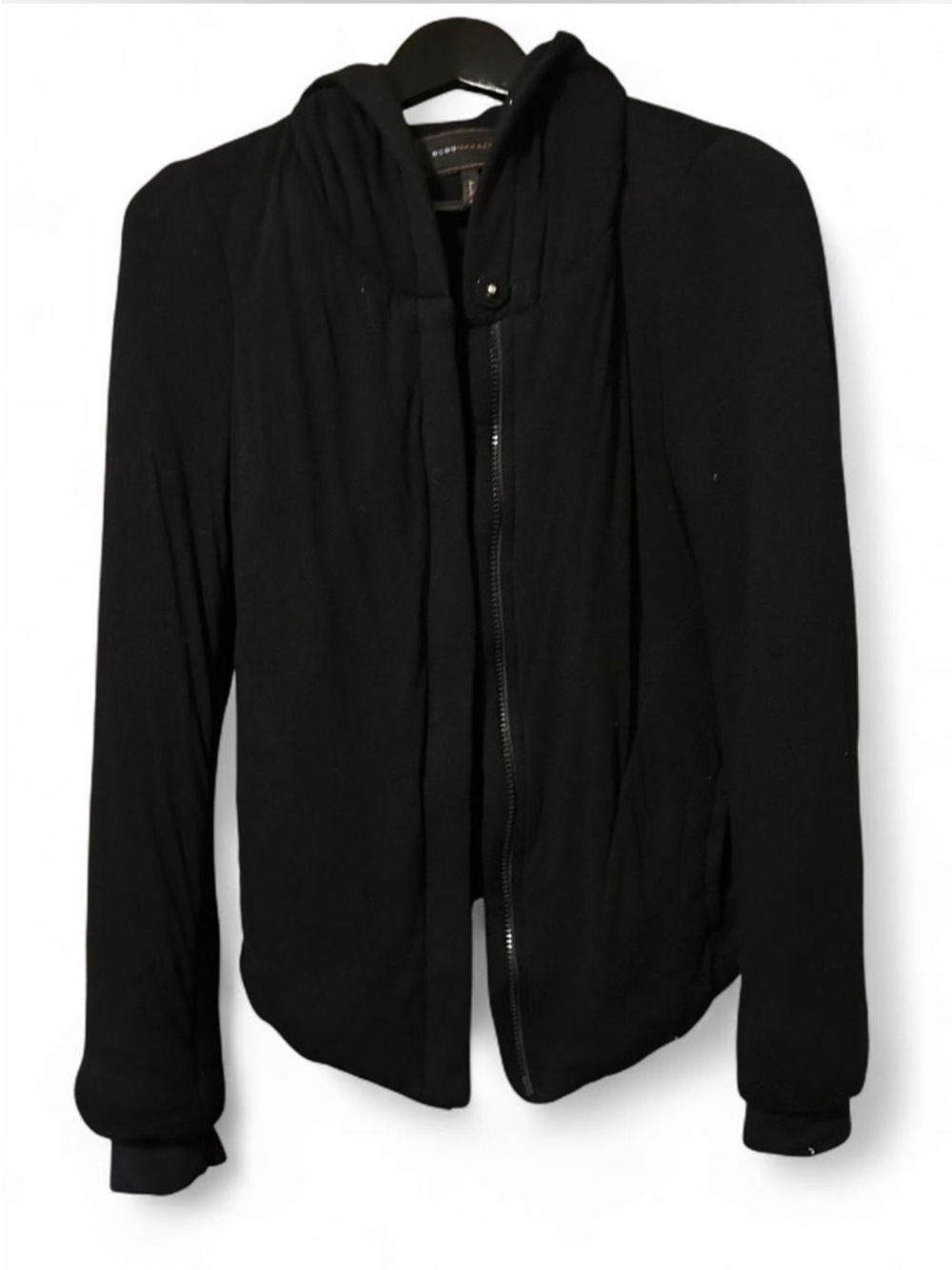 BCBGMaxAzria Black Hooded Coat with Logo Trim
